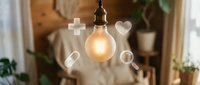 Glowing light bulb with medical and healthcare icons floating around it, symbolizing wellness, innovation, and health solutions for medical design projects.