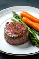 Juicy medium rare beef tenderloin steak garnished with rosemary, served with fresh asparagus and carrots on white plate. Fine dining presentation.