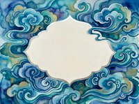 Watercolor Asian-style swirling clouds frame in teal and blue tones with empty ornate label for text, greeting card or invitation design.