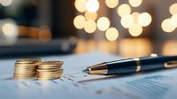Stack of golden coins and luxury pen on financial documents with blurred bokeh lights background, business investment and wealth management concept.