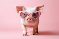 Adorable piglet wearing heart-shaped sunglasses on pink background. Cute farm animal portrait for Valentine's Day, love themes, greeting cards, social media.
