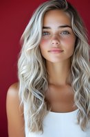 Young Caucasian woman with long wavy platinum blonde hair and blue eyes wearing white top against red background, natural makeup look and glowing skin for beauty and fashion.