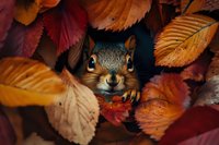 Curious squirrel peeking through vibrant autumn leaves in red and orange hues, close-up portrait showing playful expression and detailed facial features in natural setting.