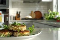 Fresh homemade fish cakes garnished with microgreens served on white plate, shallow depth of field with blurred modern kitchen background.