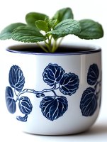 Fresh mint leaves growing in decorative white ceramic pot with blue leaf pattern design, close-up macro photography showing vibrant green foliage against soft background.