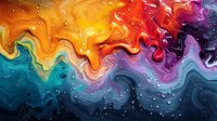 Vibrant liquid art with swirling orange, turquoise, red and purple colors creating dynamic marble effect with water drops, suitable for abstract wall decor and creative backgrounds.