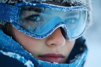 Close up portrait of young Caucasian woman wearing protective ski goggles covered in frost and snow during winter sports activity in cold weather conditions.