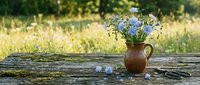 Rustic clay pitcher filled with fresh blue wildflowers on weathered wooden table in sunny garden setting with natural bokeh background.