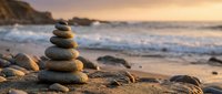 Balanced stone cairn on sandy beach at golden sunset with ocean waves and rocky coastline creating peaceful meditation scene for wellness and mindfulness concepts.