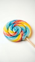 Colorful spiral lollipop with blue, red, and yellow swirls on white background, isolated candy for confectionery designs and sweet treats.