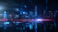 Modern cityscape at night with neon lights reflecting on water surface, glowing skyscrapers silhouettes and digital effects create futuristic urban atmosphere.
