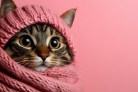 Adorable tabby kitten wearing pink knitted sweater with hood and ears on pastel background for pet fashion and cozy winter clothing concepts.