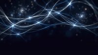 Abstract blue energy waves flowing across dark space with bright light effects and glowing particles for technology and science backgrounds.