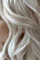 Close-up of flowing platinum blonde hair strands with soft waves and natural shine, showing detailed texture and movement against neutral background.