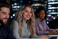 Young diverse group of professionals working late at office, blonde woman smiling during night meeting with city lights bokeh background, teamwork concept.