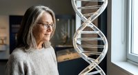 Senior Caucasian woman scientist with glasses examining DNA double helix model in modern laboratory for genetic research and biotechnology studies.