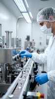Male scientist in protective gear operating pharmaceutical manufacturing equipment in sterile laboratory facility for drug production and quality control.