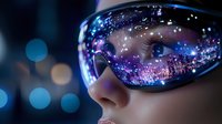 Futuristic sunglasses reflecting vibrant city lights and bokeh effects at night, close up view of protective eyewear with purple and blue neon reflections.