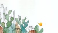 Desert landscape with various cacti and succulents in watercolor style on light background. Sun shining over botanical garden scene for nature designs.