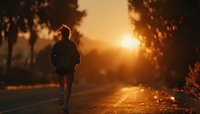 Young athletic man jogging on tree-lined road during golden hour sunset, fitness lifestyle and outdoor exercise motivation concept for wellness campaigns.