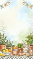 Watercolor kitchen background with herbs in pots, lemons, cooking utensils, and festive bunting, leaving copy space for text or design.