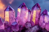 Vibrant purple amethyst crystal cluster formation with glowing golden light highlights against dramatic sunset sky background, showcasing natural mineral growth patterns.