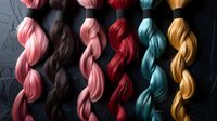 Colorful braided synthetic hair extensions in pink, brown, red, turquoise and blonde shades arranged on dark background showing texture and styling options.