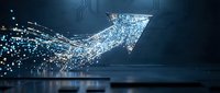 Digital arrow made of glowing particles and light trails pointing upward on dark tech background. Business growth and success concept for presentations.