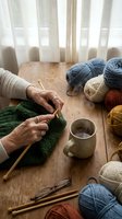 Senior woman hands knitting green wool sweater with bamboo needles surrounded by colorful yarn balls and coffee cup on wooden table in cozy home setting.