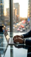 Businessman with dark skin tone working on laptop at high-rise window overlooking blurred urban street with traffic and buildings during golden hour.