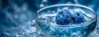 Fresh blueberries in glass bowl with water droplets on blue background for healthy eating and nutrition concepts.