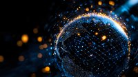 Glowing digital Earth with network grid and orange light particles against dark background, representing global technology and connectivity.