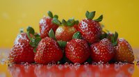 Fresh ripe strawberries with water drops on reflective surface against vibrant yellow background, macro food photography for healthy eating concept.