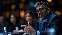 Middle-aged Indian businessman with glasses and gray hair gesturing while speaking at corporate meeting, dark evening setting with bokeh lights in background.