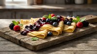 Delicious golden crepes filled with mixed berry compote and fresh fruits on rustic wooden board, gourmet breakfast or dessert presentation.