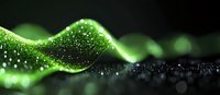 Glowing green wave of particles flowing on dark background with bokeh effect and light sparkles creates futuristic abstract design element.