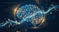 Digital brain with glowing neural networks overlaid on financial trading charts and data visualization for AI-powered market analysis and algorithmic trading.