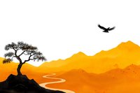 Minimalist African landscape with lone acacia tree silhouette against orange mountains, winding path, and soaring eagle at sunset. Artistic nature composition.
