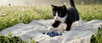 Black and white kitten playing with blueberries on blanket in grass outdoor setting for pet lifestyle and nature content.