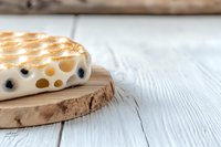 Grilled marshmallow with blueberries on rustic wood slice against white wooden background, selective focus showing melted golden brown surface.