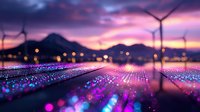 Vibrant pink and purple light installation with wind turbines silhouetted against dramatic sunset sky, creating futuristic landscape with glowing rows of illuminated elements.