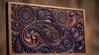 Ornate carved wooden panel with intricate swirling patterns in blue and copper tones, decorative art piece for interior design and cultural decor projects.