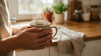 Woman holding warm coffee mug in cozy kitchen morning light creating peaceful domestic atmosphere for relaxation and comfort lifestyle moments.