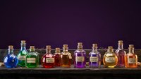 Colorful liquor bottles with various spirits and liqueurs displayed in a row against dark background for beverage, alcohol, and bar design projects.