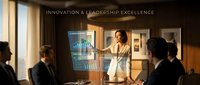 Professional businesswoman presenting financial data to corporate team in modern conference room during strategic meeting.
