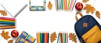Back to school supplies frame with colorful pencils, notebooks, backpack and autumn leaves on white background for educational design projects.