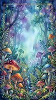 Enchanted forest pathway with glowing mushrooms, magical woodland plants, and luminous lights creating a mystical fantasy atmosphere with gold frame border.
