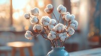 Natural cotton flowers arrangement in blue ceramic vase against blurred warm background. Soft morning light creates cozy atmosphere for home decor and interior styling.