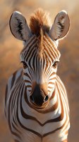 Young zebra portrait with distinctive black and white stripes, alert ears, and warm lighting creating depth and texture in fur. Close-up view shows detailed features.