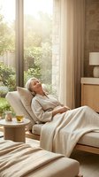 Mature woman with gray hair relaxing on a comfortable lounge chair by large windows with natural sunlight, surrounded by neutral tones and modern home decor for wellness and lifestyle content.